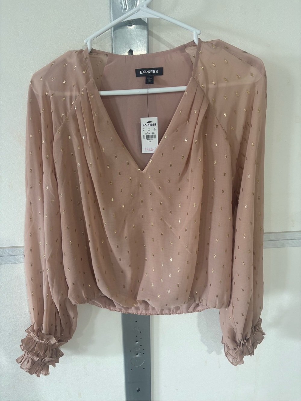 Express Sheer Blouson V-Neck Top in Dusty Rose with Gold Flecks